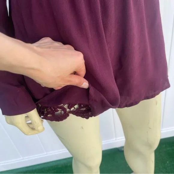 Burgundy Long Sleeve V-neck Romper with Crochet Details Size S - Picture 4 of 12
